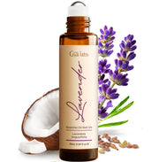 Gya Labs Lavender Roll-On bottle in amber glass for portable calming aromatherapy.