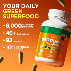 Gya Labs moringa packaging emphasizes non-GMO and additive-free formula.