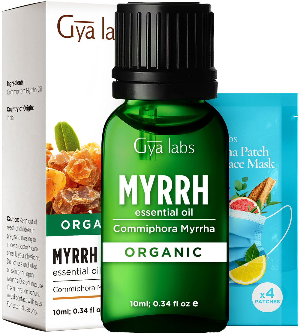 Gya Labs Organic Myrrh Essential Oil bottle showcases the product's compact packaging for skincare and diffusion.