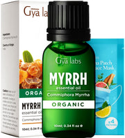 Gya Labs Organic Myrrh Essential Oil bottle showcases the product's compact packaging for skincare and diffusion.