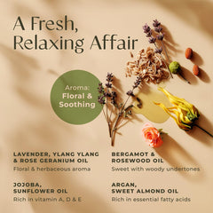 Gya Labs Relaxing Massage Oil with lavender notes beside lavender blooms for calming ambience
