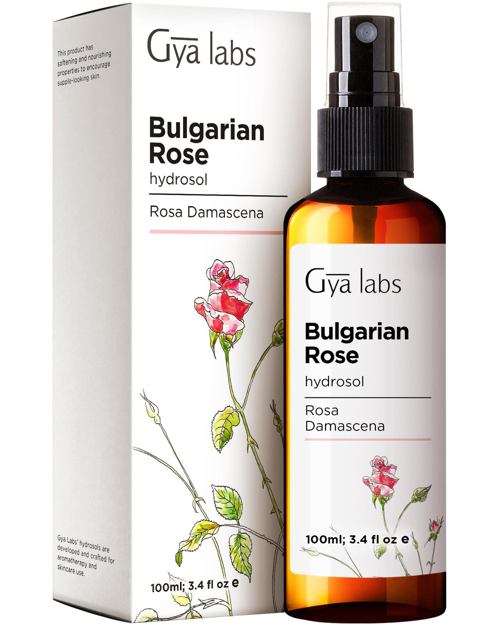 Gya Labs hidrosol de rosa de Bulgaria, botella: hidratación suave para piel y rostro.