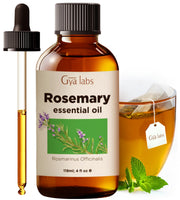Gya Labs rosemary essential oil bottle for hair care and scalp massage.
