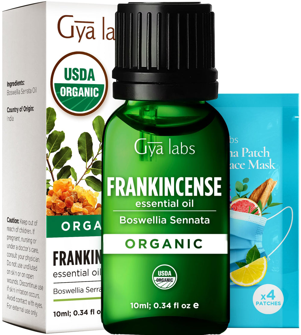 Gya Labs Frankincense essential oil bottle ready for diffuser aromatherapy and calming spaces.