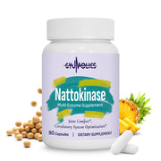 Gyumolics nattokinase bottle front with branding, hinting at circulatory support.