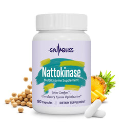 Gyumolics nattokinase bottle front with branding, hinting at circulatory support.