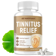 GZ HAOYUAN Tinnitus Relief Capsules bottle closeup, promoting calm moments through gentle ear support.