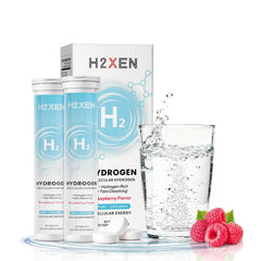 H2XEN raspberry hydrogen tablets in bottle for clean hydration.