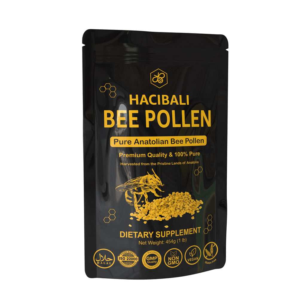 HACIBALI Organic Bee Pollen granules in front pouch for easy daily use.