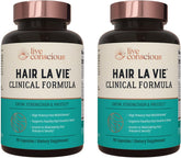 Hair La Vie Live Conscious bottle front showcasing the clinical formula for healthy hair support.