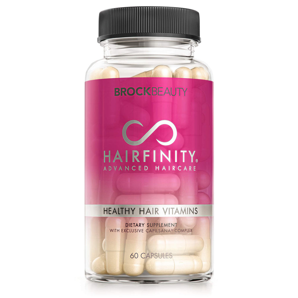Hairfinity hair vitamins bottle close-up for easy daily hair health support.