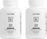 Hairmax biotin bottle label shows 2500 mcg for hair health and elasticity.