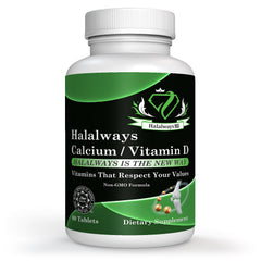HalalwaysUS bottle of calcium and vitamin D for convenient daily bone support.