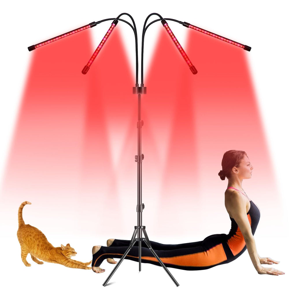 Halbeira red light therapy lamp on a stand for at-home pain relief and skincare.