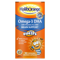 Haliborange Kids Omega-3 orange-chewable-fruit-bursts support healthy brain function.