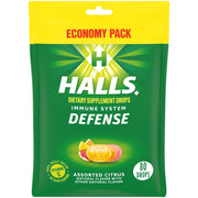 HALLS Defense assorted citrus bottle shows flavor variety for daily vitamin C.