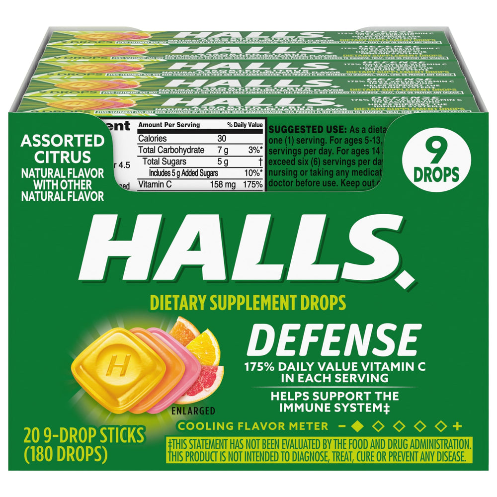 HALLS Defense drops bottle with 180 citrus droplets for on-the-go immune support.