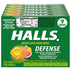 HALLS Defense drops bottle with 180 citrus droplets for on-the-go immune support.
