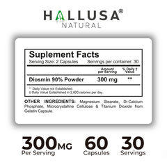 Hallusa Natural Hallosmine label details highlighting 300 mg diosmin content.