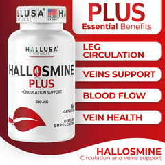 Hallusa Natural Hallosmine Plus capsules label highlighting vascular tone ingredients.