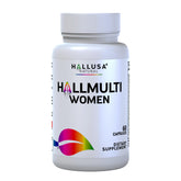 Hallusa Natural Women’s Multivitamin bottle closeup highlighting daily energy and balance.