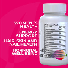 Hallusa Natural Women’s Multivitamin capsules closeup for hair, skin, and nails support.