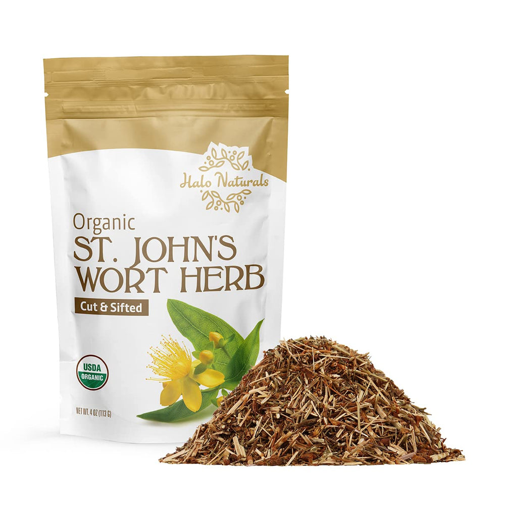 Halo Naturals St. John's Wort herb cut-sifted closeup, ideal for tea infusions.