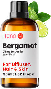 H'ana Bergamot essential oil bottle highlighting vibrant citrus aroma for diffuser use.