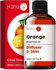 H'ana Orange Essential Oil bottle close-up for diffuser use and uplifting aroma.