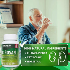 Hanan Riñosan capsules close-up showing the 100-capsule herbal blend.