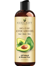Handcraft Blends Avocado Oil bottle close-up, signaling purity for skin and hair care.