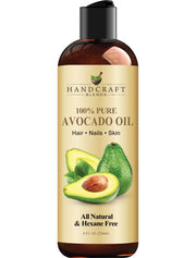 Handcraft Blends Avocado Oil bottle close-up, signaling purity for skin and hair care.