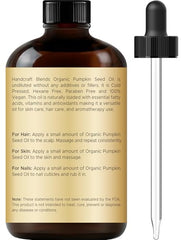 Handcraft Blends pumpkin seed oil glass bottle closeup highlights pure hexane-free quality