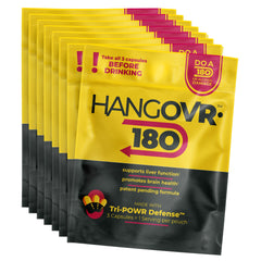 Hangovr-180 Tri-Power capsules shown before drinking to support clarity and focus.