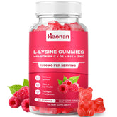 Haohan L-Lysine Gummies bottle with raspberry flavor promotes immune support and skin vitality.