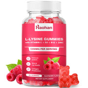 Haohan L-Lysine Gummies bottle with raspberry flavor promotes immune support and skin vitality.