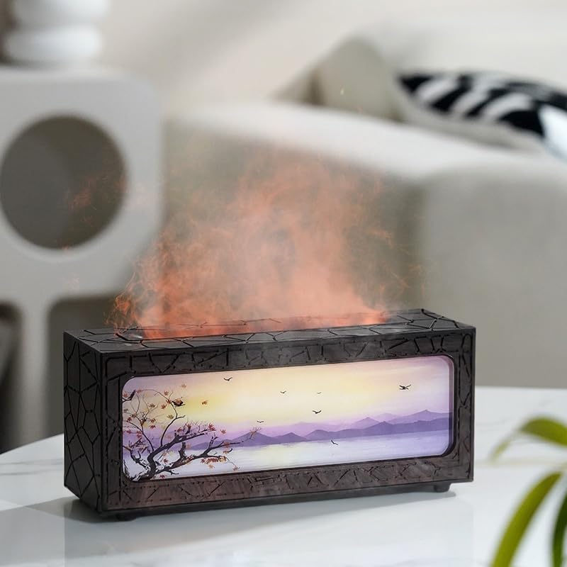 HapIntlNex fireplace diffuser in wood-grain finish, ideal for cozy living spaces and desks.