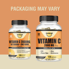 Happi Mi Vitamin C 2000mg capsules closeup highlighting zinc and D3
