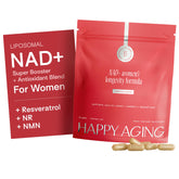 Happy Aging Essential Longevity Formula bottle highlights NAD+ blend for daily vitality.