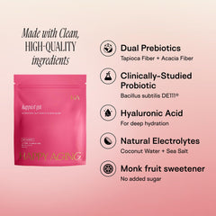 Happy Aging Happiest Gut Probiotics DE111 bottle shown beside a glass for digestive support
