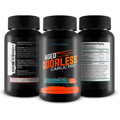 Close-up of Aged Odorless Garlic Pro label highlighting ingredients and odor-free formula.