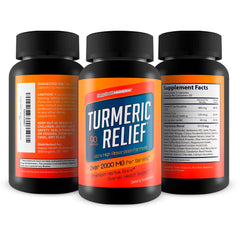 Happy Health Turmeric Relief label highlights key ingredients like pepper and ginger.