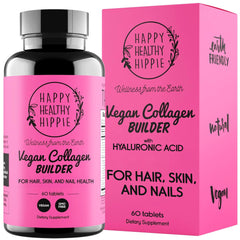 Happy Healthy Hippie vegan collagen builder bottle showcases plant-based support for radiant hair and skin.