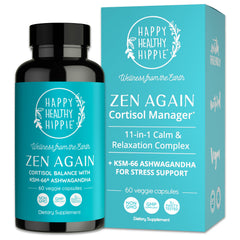 Happy Healthy Hippie Zen Again bottle front, for daily stress support.