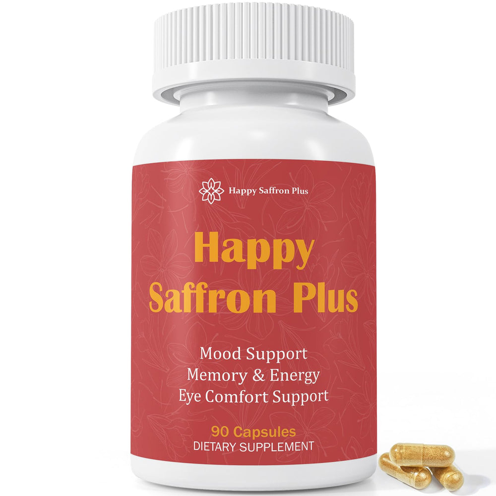 Happy Saffron Plus bottle close-up with capsules visible, supports daily mood balance.