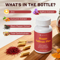 Happy Saffron Plus capsules close-up for easy daily use, focus and energy.