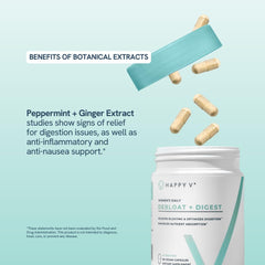 Happy V Debloat + Digest serving suggestion demonstrates take-with-meal use.