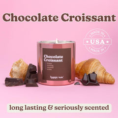 Happy Wax Chocolate Croissant candle lit with single wick offering long lasting ambiance.