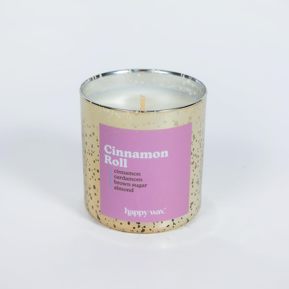 Happy Wax Cinnamon Roll candle jar front view highlighting inviting aroma