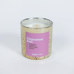 Happy Wax Cinnamon Roll candle jar front view highlighting inviting aroma
